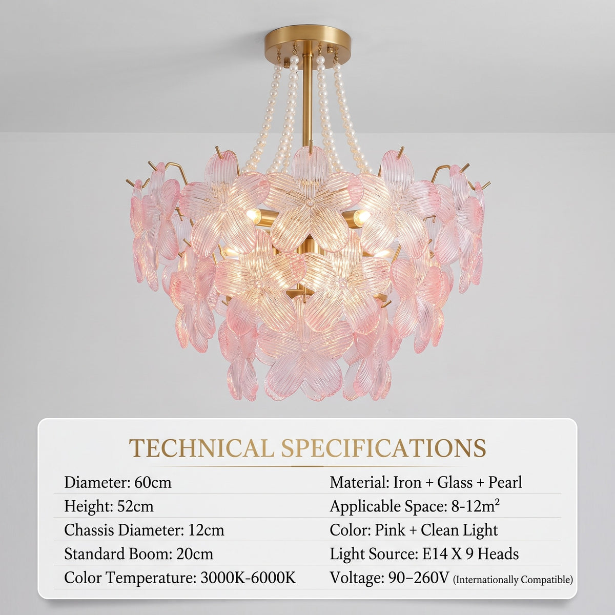 Perspective du lustre floral suspendu, soulignant son diamètre de 60 cm et sa présence majestueuse dans un grand espace.