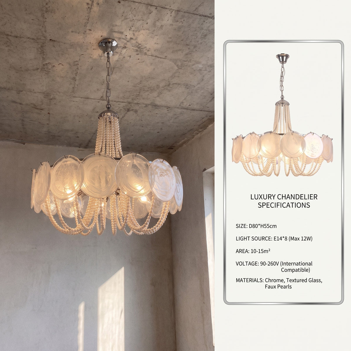 Image du lustre allumé, soulignant la diffusion chaleureuse de la lumière à travers les éléments en verre et les perles scintillantes.