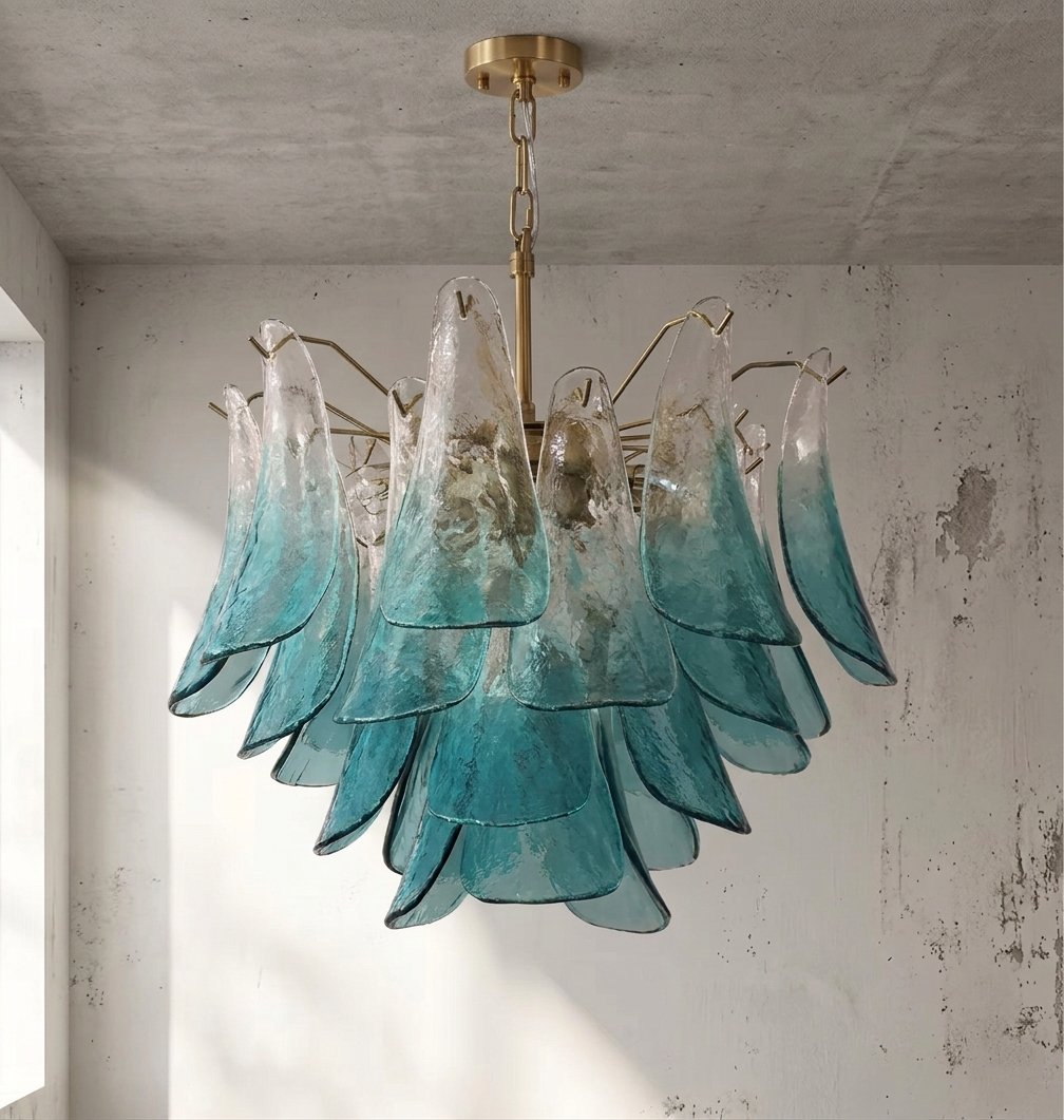 Profil du lustre bleu lagon de 70 cm de diamètre, mettant en valeur son design floral et ses couches de verre soufflé.