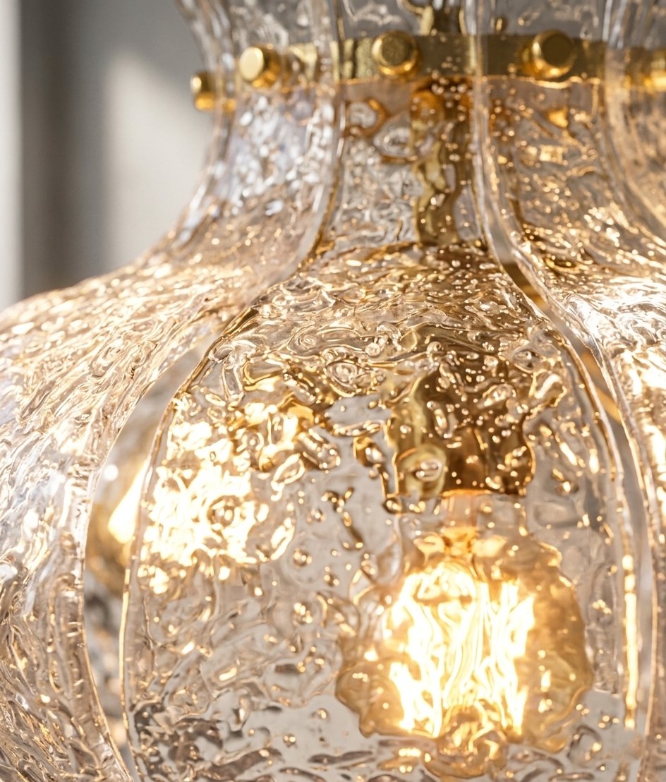 Détail de la chaîne de suspension et de la finition laiton poli du lustre, soulignant sa robustesse et son design.