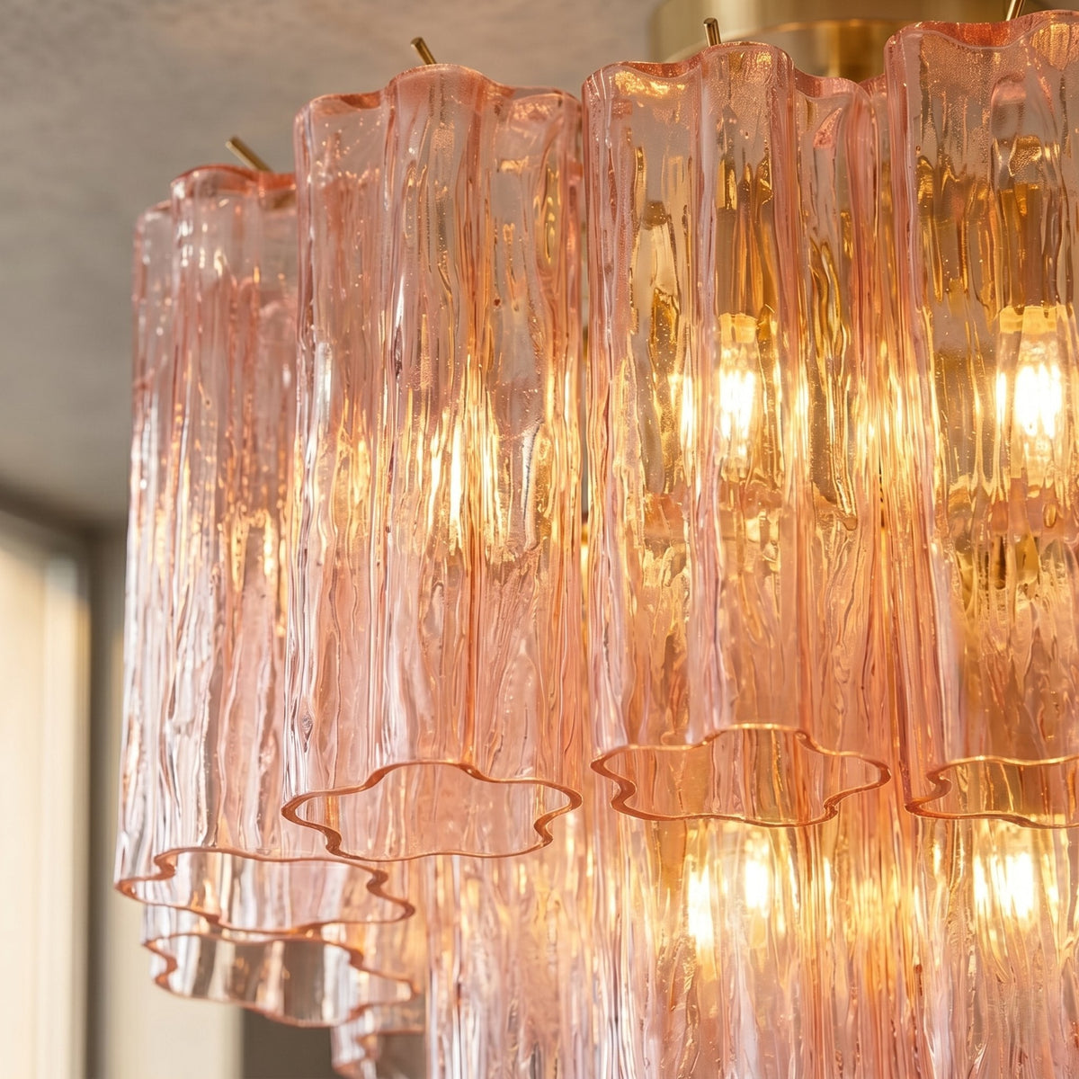 Lustre semi-encastré en verre rose, suspendu au plafond, créant une ambiance chaleureuse dans une chambre à coucher.
