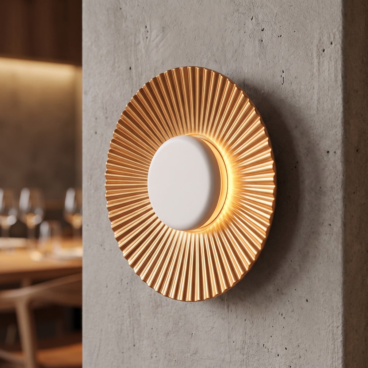 Gros plan sur le diffuseur central blanc de l'applique, entouré par le réflecteur plissé doré, soulignant la qualité de la finition en aluminium.