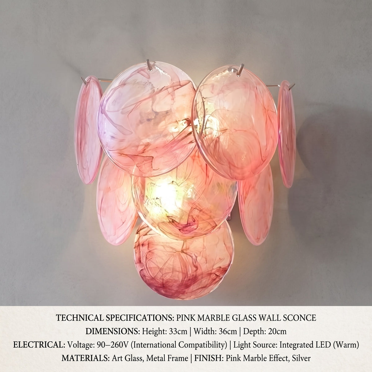 Applique lumineuse en verre style Murano, mesurant 33 cm de hauteur et 36 cm de largeur, conçue pour un impact visuel élégant dans tout type.