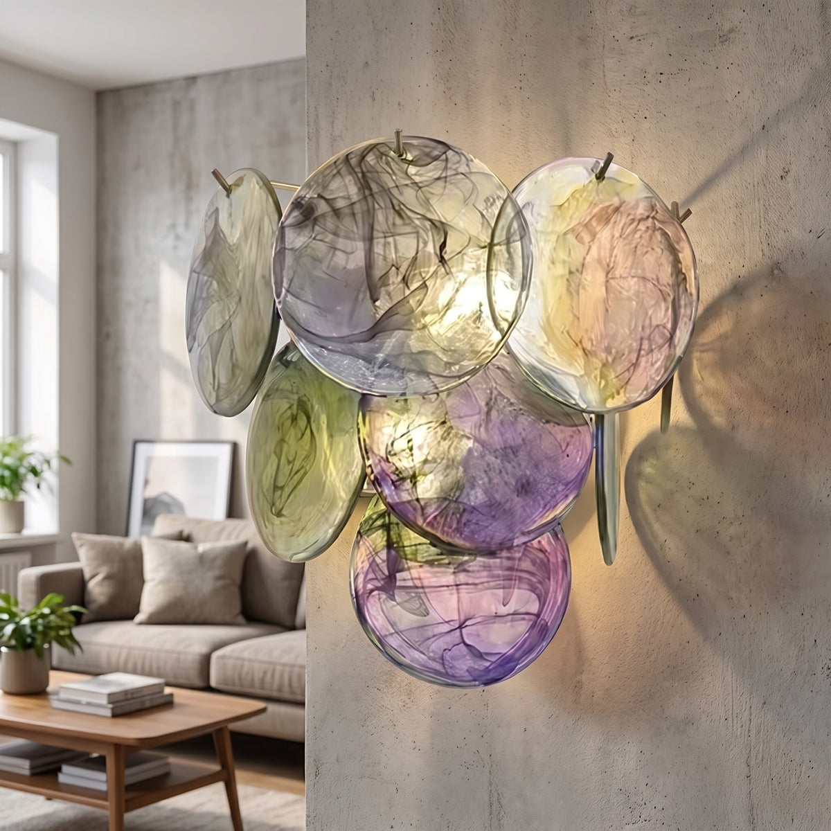 Vue latérale de l'applique murale Art Déco, montrant sa projection de 20cm du mur et ses disques superposés.