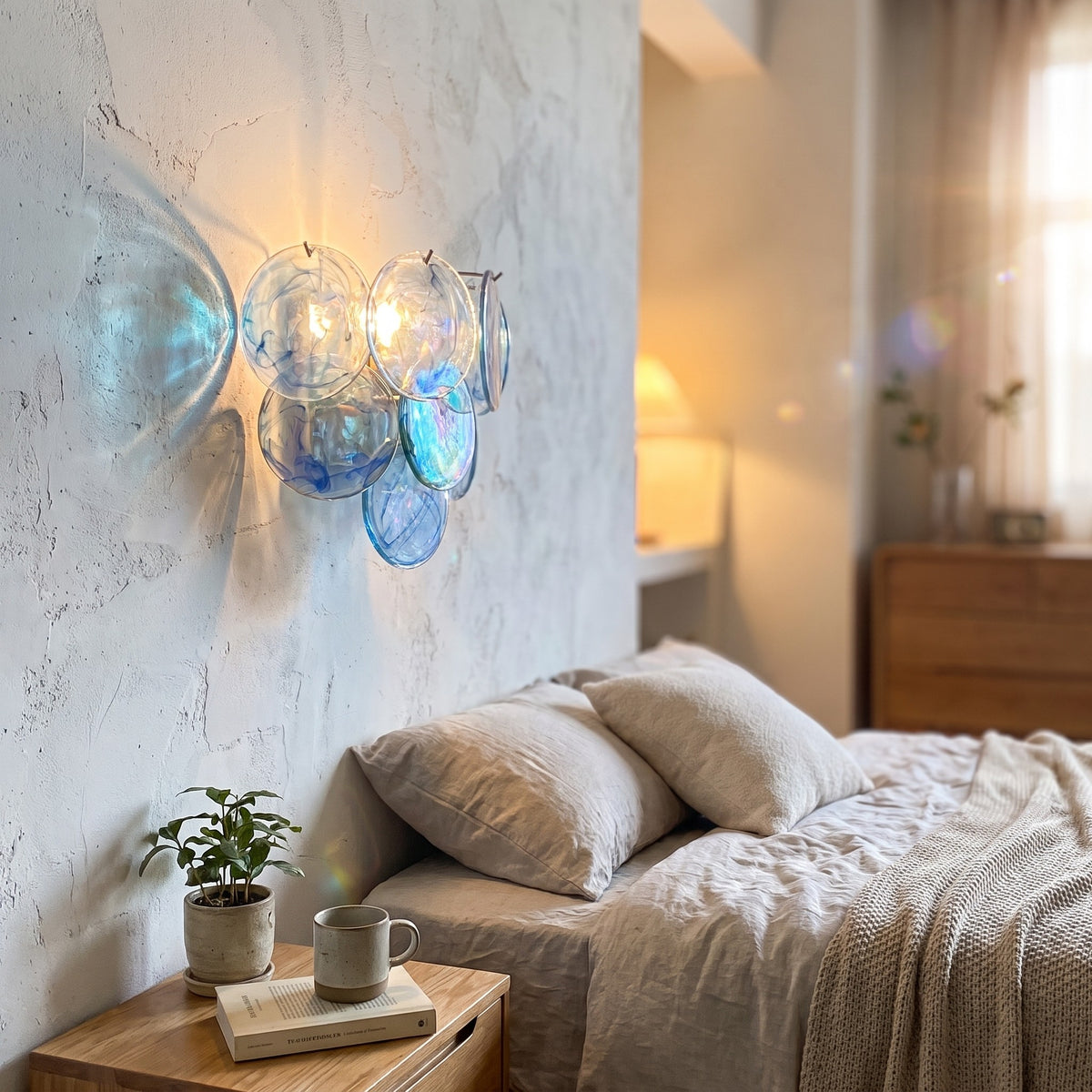 Applique murale Art Déco en verre irisé bleu fixée au mur, offrant une lumière ambiante chaleureuse pour une chambre à coucher.