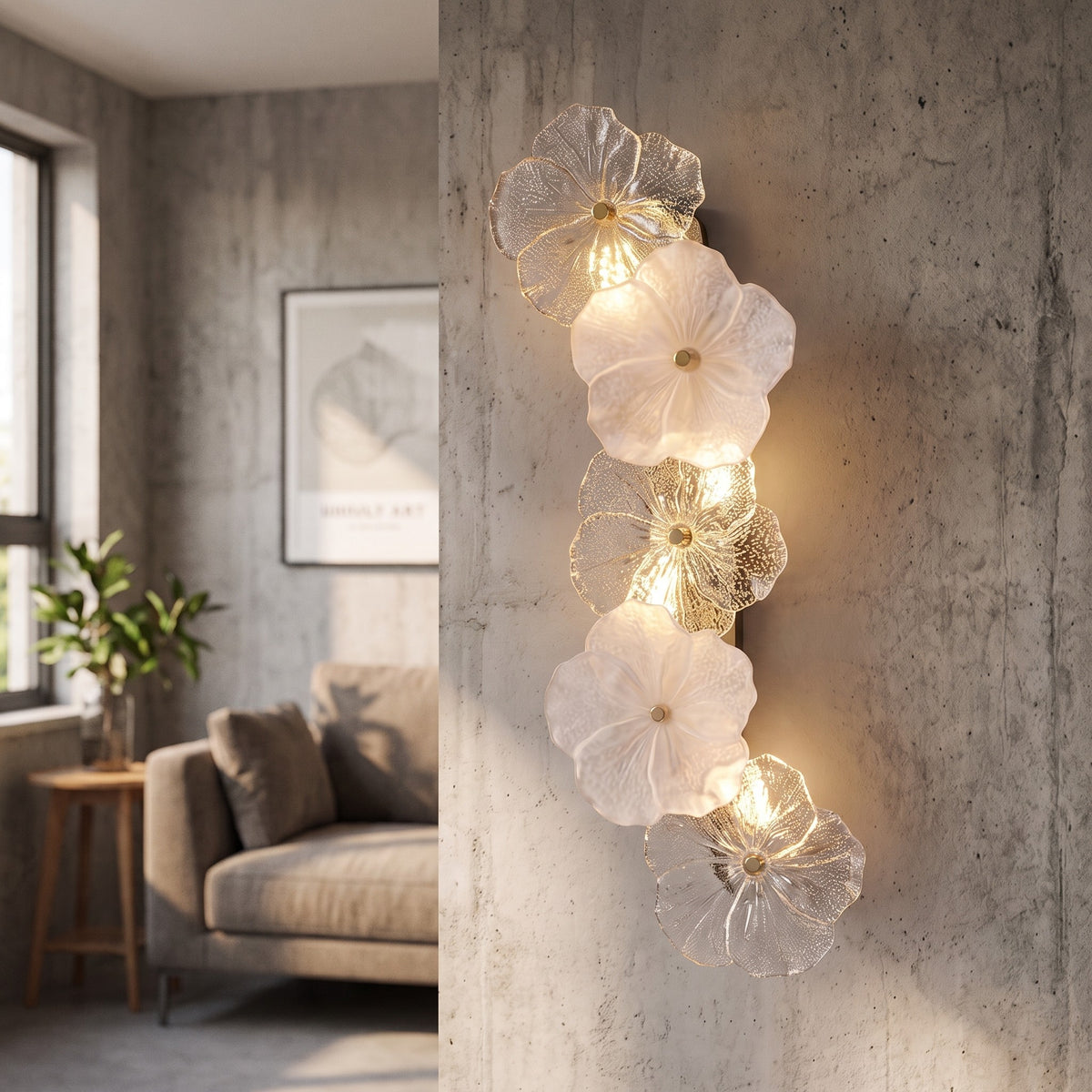 L'applique murale floral allumée, avec ses 5 sources de lumière G9, créant une ambiance chaleureuse dans un salon moderne.