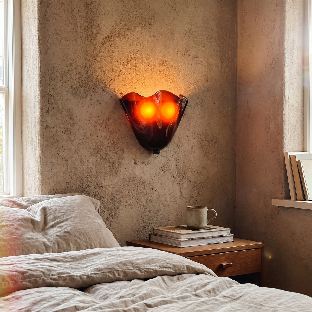 Vue rapprochée de l'applique lumineuse, le verre ambré illuminé par l'intérieur, créant des nuances orangées profondes.