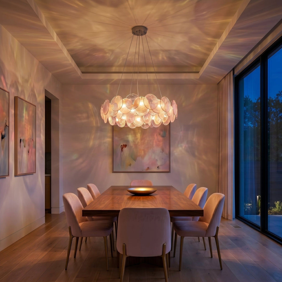 Lustre suspension vintage style Murano de 80 cm de diamètre, parfaitement intégré au-dessus d'une table à manger élégante.