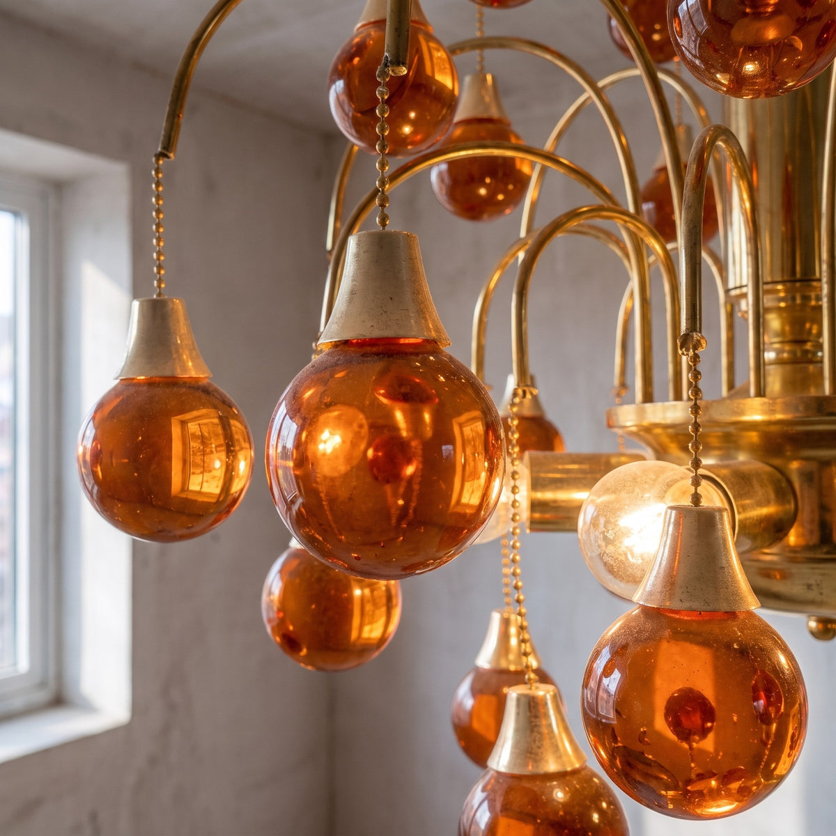 Lustre Art Déco grandeur nature dans un grand salon, illustrant son impact visuel et la diffusion de lumière par le verre orange ambré sur la pièce.