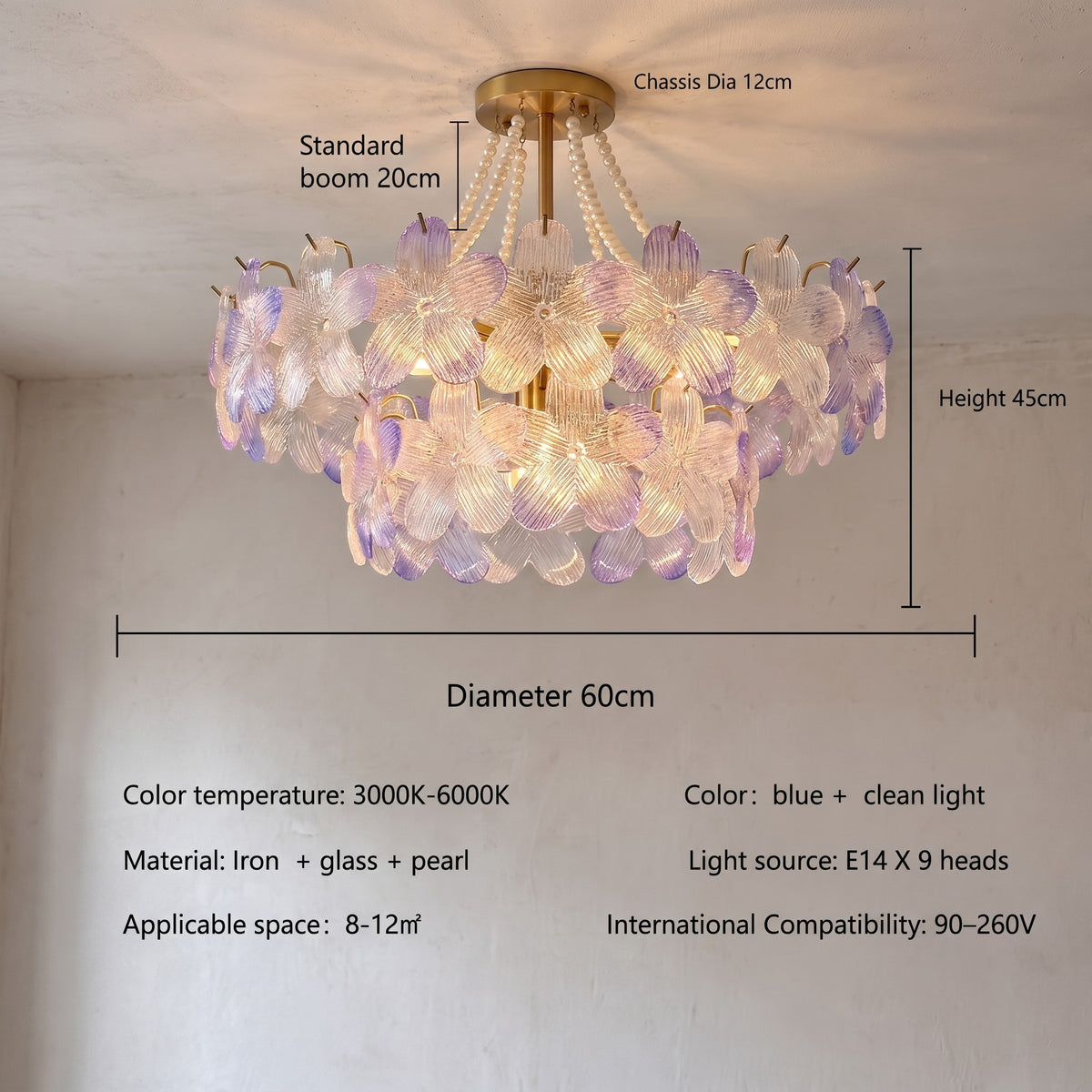 Profil du lustre style Murano, révélant la superposition des pétales de verre et la discrète tige de suspension de 20 cm.