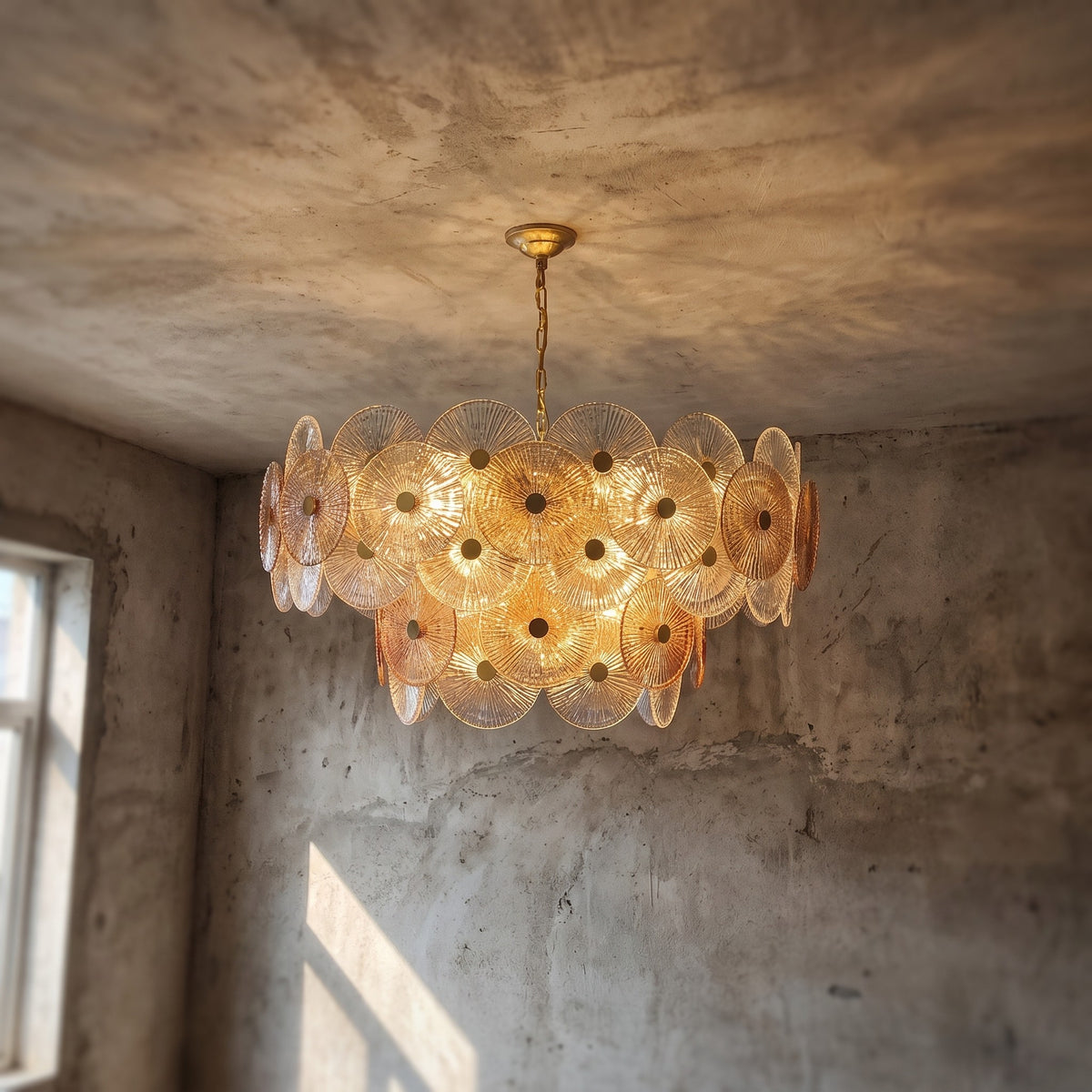 Vue d'ensemble du lustre suspension style Murano de 80 cm de diamètre, illuminant élégamment un grand espace de vie.