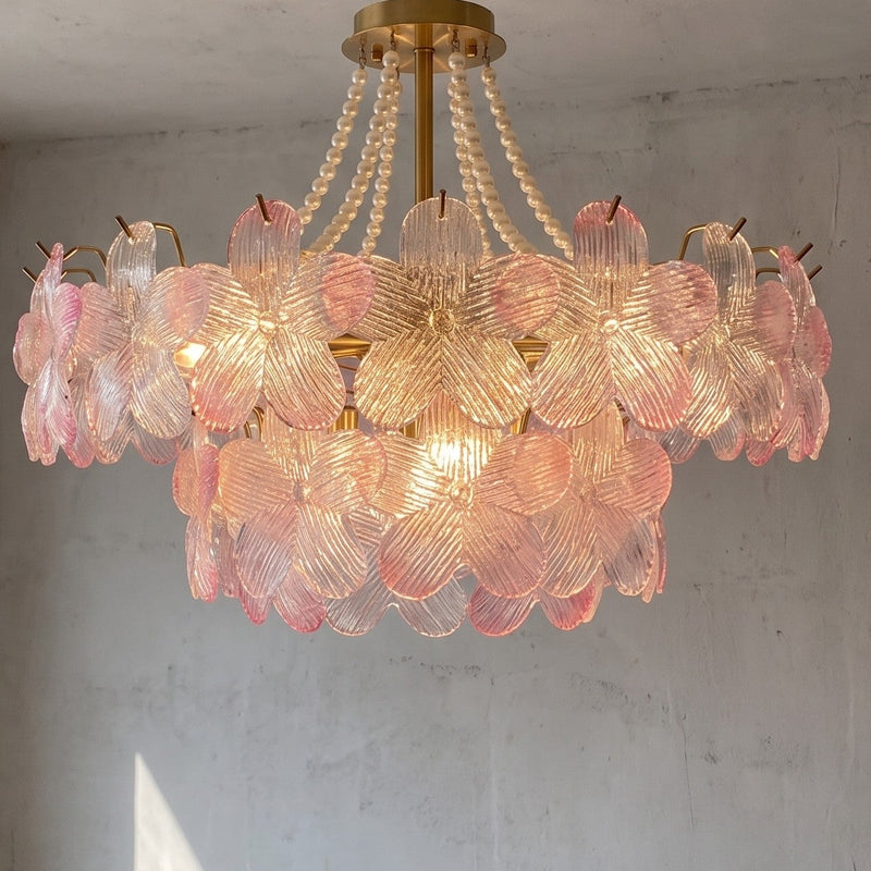 Lustre Rose Style Murano Floral en Verre Délicat pour Salon et Chambre