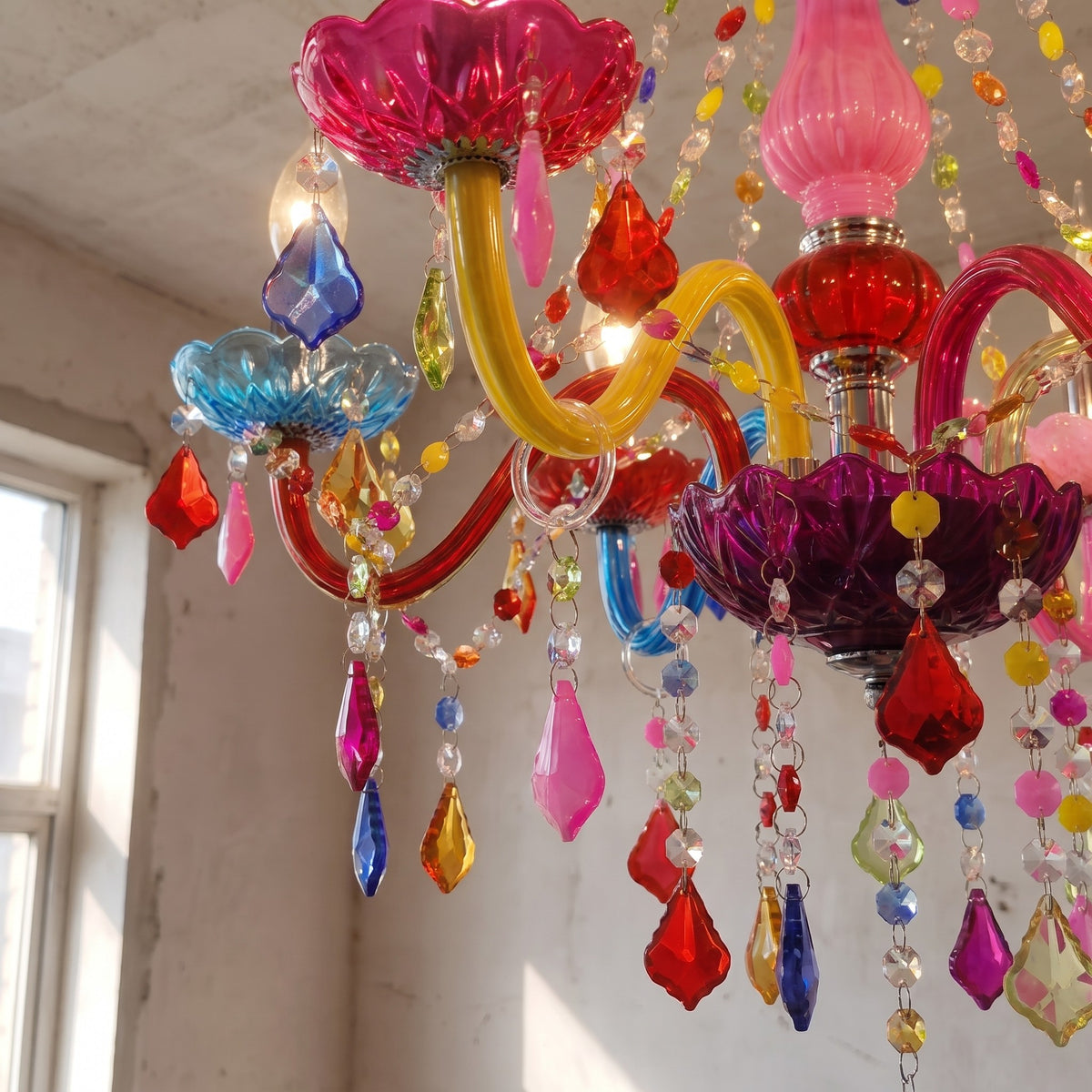 Le lustre suspendu coloré vu de côté, montrant sa hauteur de 60 cm et son diamètre de 58 cm, parfait pour un salon ou une salle à manger.
