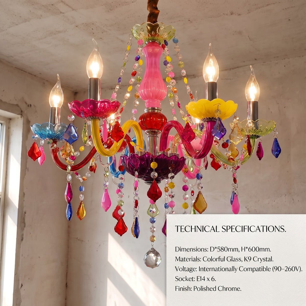 Éclat lumineux d'un lustre style Murano avec des cristaux arc-en-ciel, diffusant une lumière chaude et accueillante dans un intérieur élégant.