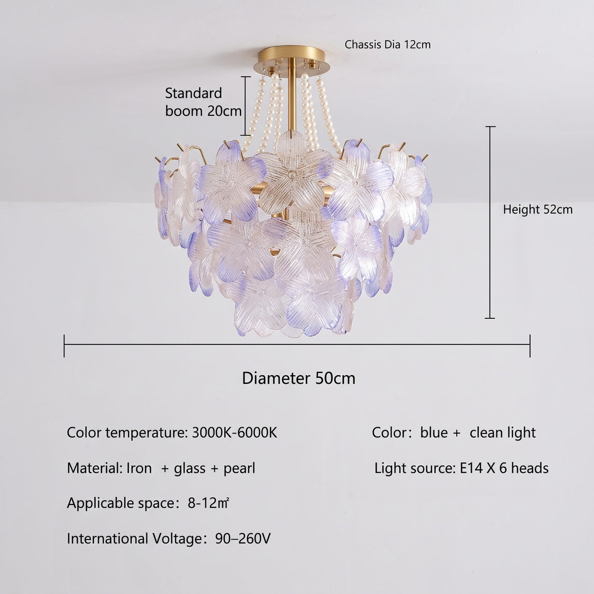 Gros plan sur les douilles E14 (x6) du lustre, insistant sur la compatibilité avec des ampoules LED pour un éclairage optimal.