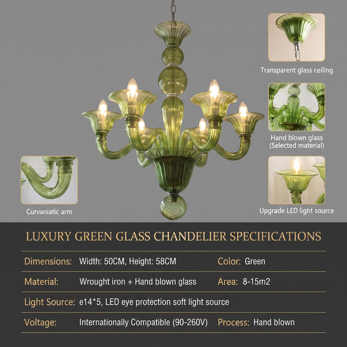 Le lustre vert émeraude allumé, diffusant une ambiance chaleureuse et sophistiquée, parfait pour une chambre principale raffinée.