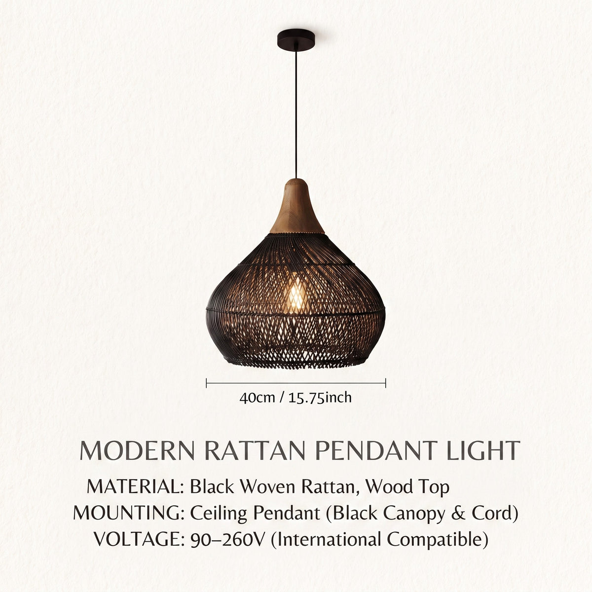 Suspension luminaire en rotin noir affichant un diamètre de 40 cm, idéale pour éclairer une table à manger ou une chambre.