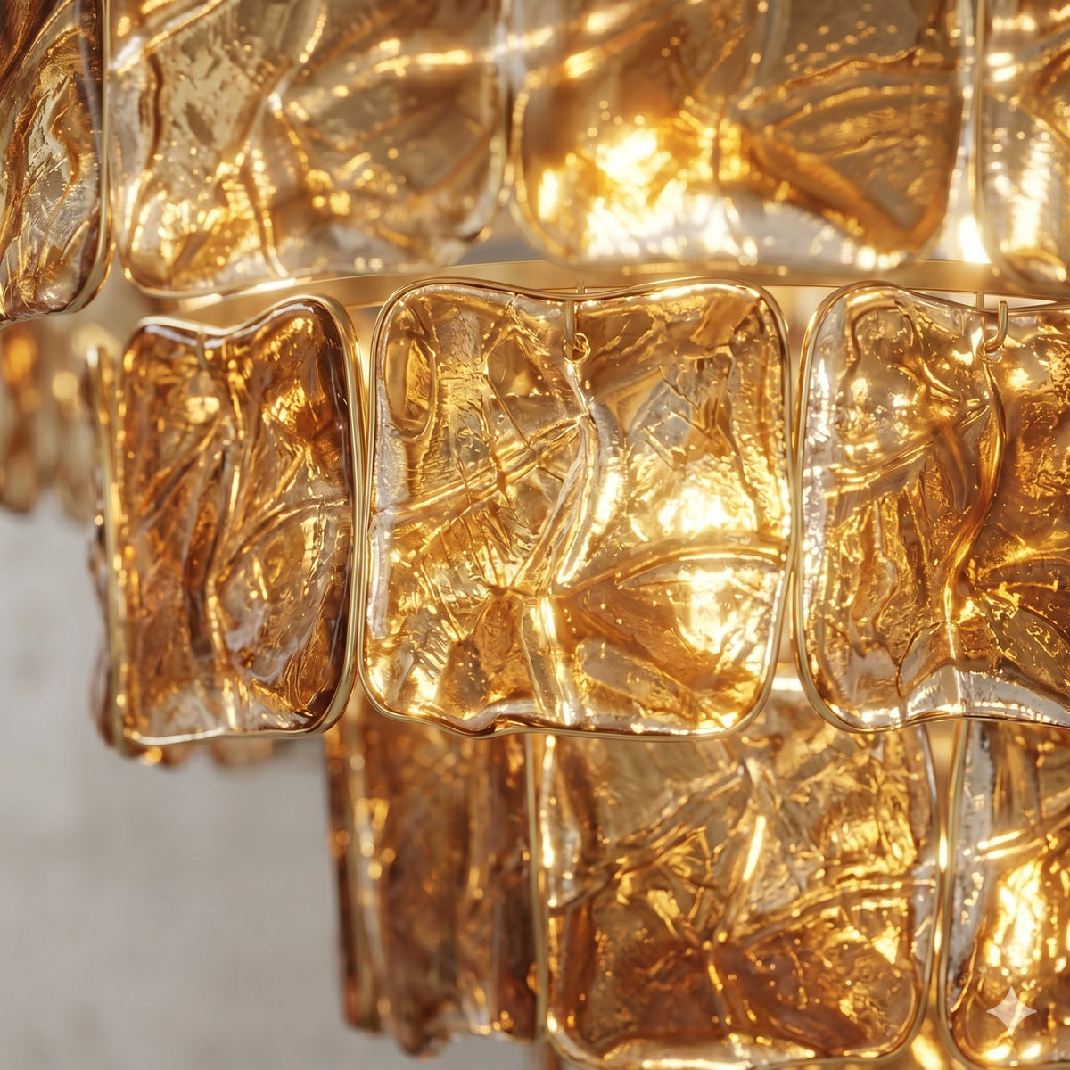 Vue latérale du lustre Murano-style, mettant en évidence la structure étagée des éléments en verre. Diamètre de 80 cm.