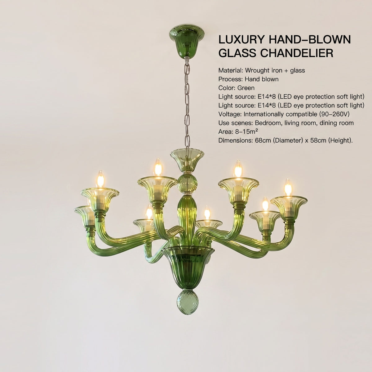 Lustre suspendu, montrant sa structure en métal poli et sa chaîne d'accroche, un design élégant pour tout type d'intérieur.