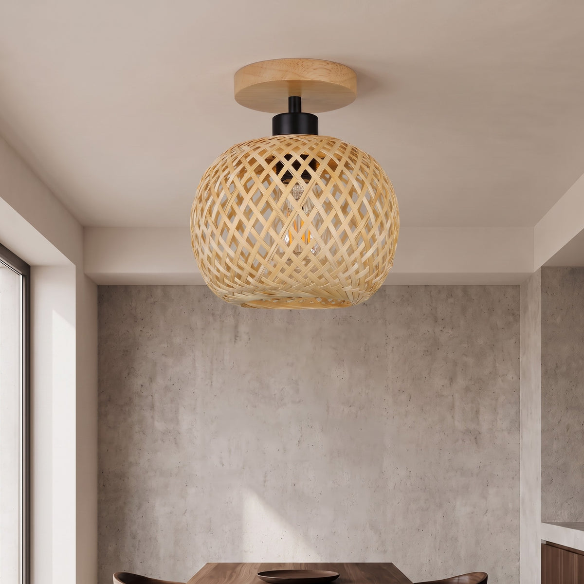Plafonnier LED en teintes naturelles, éclairant un couloir avec une lumière chaleureuse, créant un accueil invitant et décontracté.