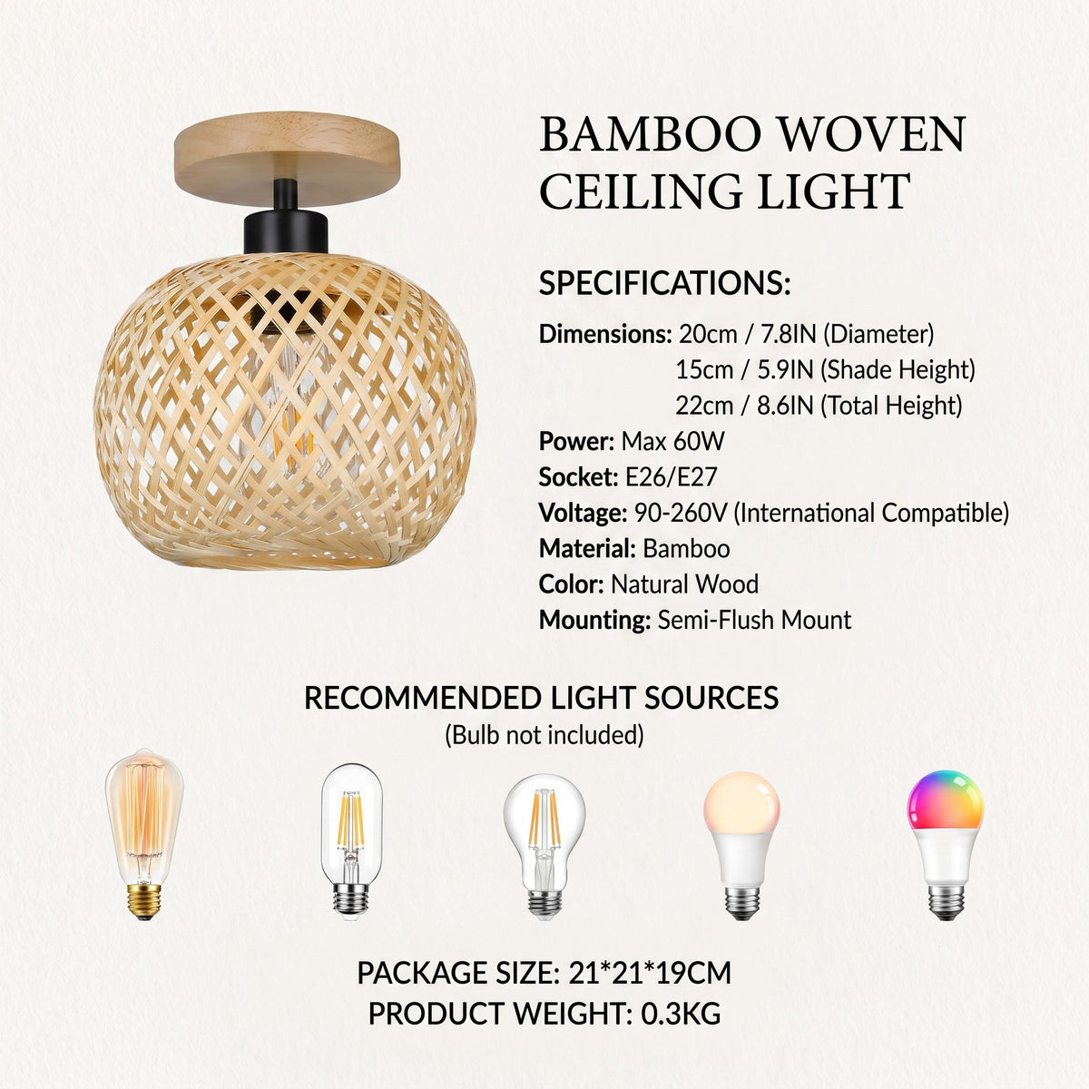 Plafonnier LED en bambou tissé installé au plafond, offrant une perspective sur sa taille compacte et son design aérien.