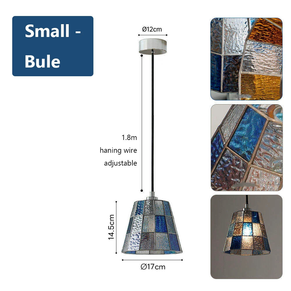 Lampe suspendue style Murano avec ses dimensions précises : diamètre 17 cm, hauteur 14.5 cm, idéale pour petits espaces.