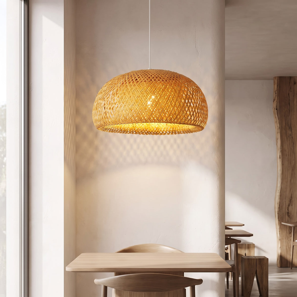 Suspension bohème en bambou installée au-dessus d'une table basse dans un salon lumineux, créant une ambiance chaleureuse et naturelle.