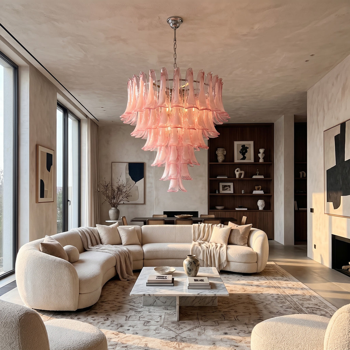 Lustre suspension floral style Murano de couleur rose pastel, mesurant 80 cm de diamètre, illuminant un salon moderne.