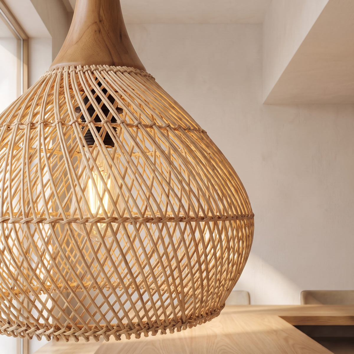 Luminaire suspendu style bohème avec abat-jour en rotin naturel, parfait pour éclairer une salle à manger, un restaurant ou une étude.