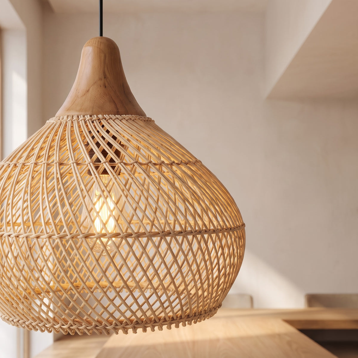 Suspension en rotin et bois clair, design épuré, créant une ambiance douce et chaleureuse dans une chambre principale ou une salle à manger.