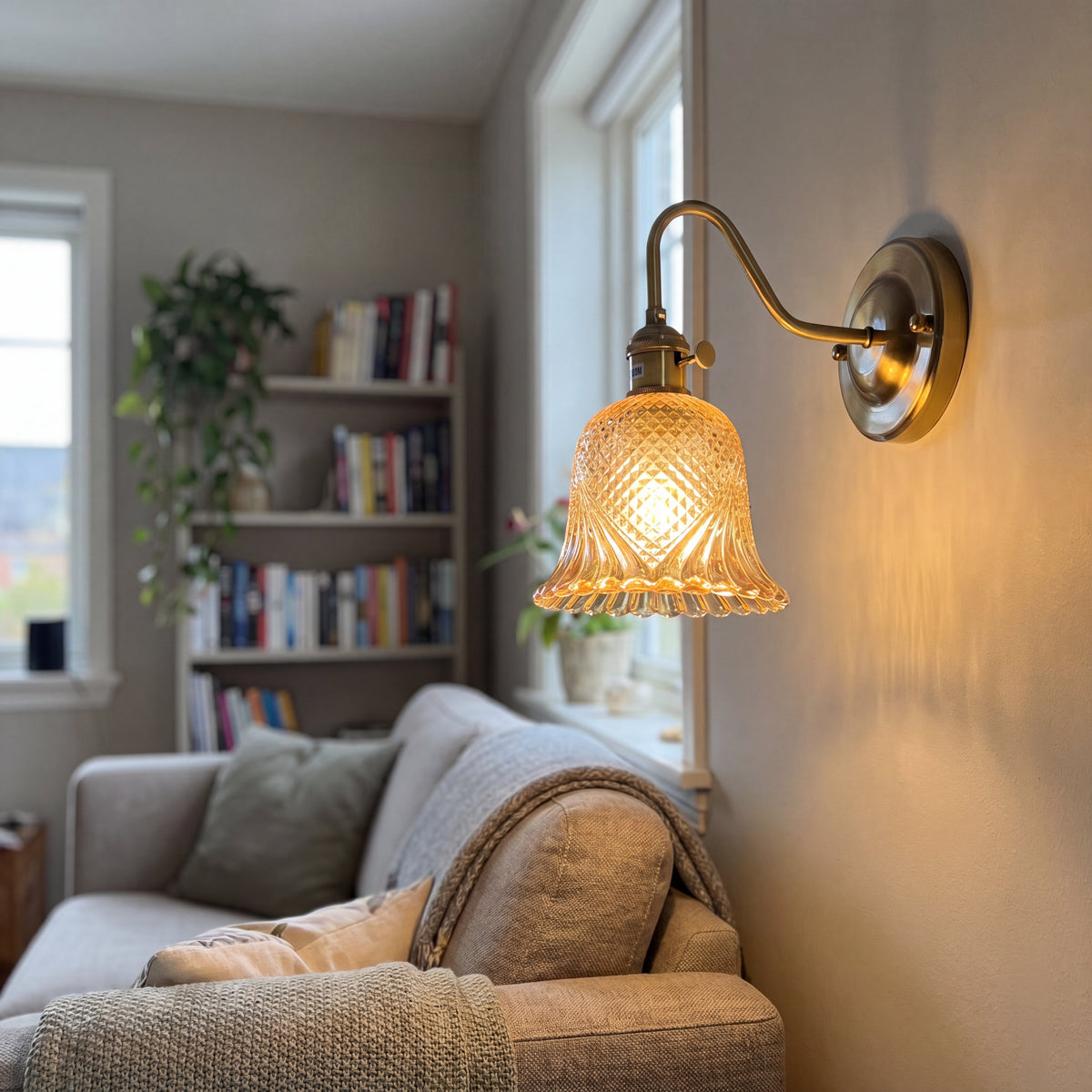 Luminaire mural de style Art Déco avec son unique ampoule E27 visible à travers l'abat-jour ambré, prêt à éclairer votre espace.