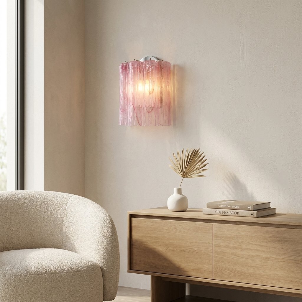 Applique murale E14 fixée au mur, son design intemporel en verre rose ambré apportant une touche chic à l'ambiance intérieure.