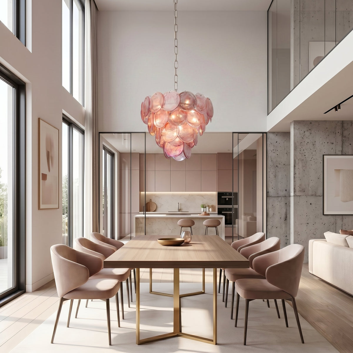 Vue rapprochée des disques en verre rose translucide du lustre, révélant la texture unique et l'effet lumineux captivant du design.