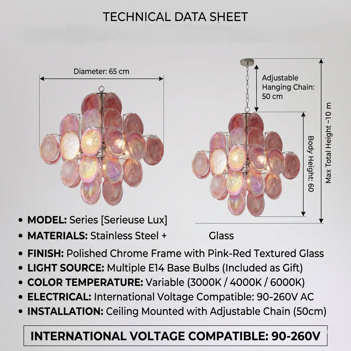 Perspective du lustre de bas en haut, appréciant l'architecture de sa structure en acier poli et ses ampoules E14.