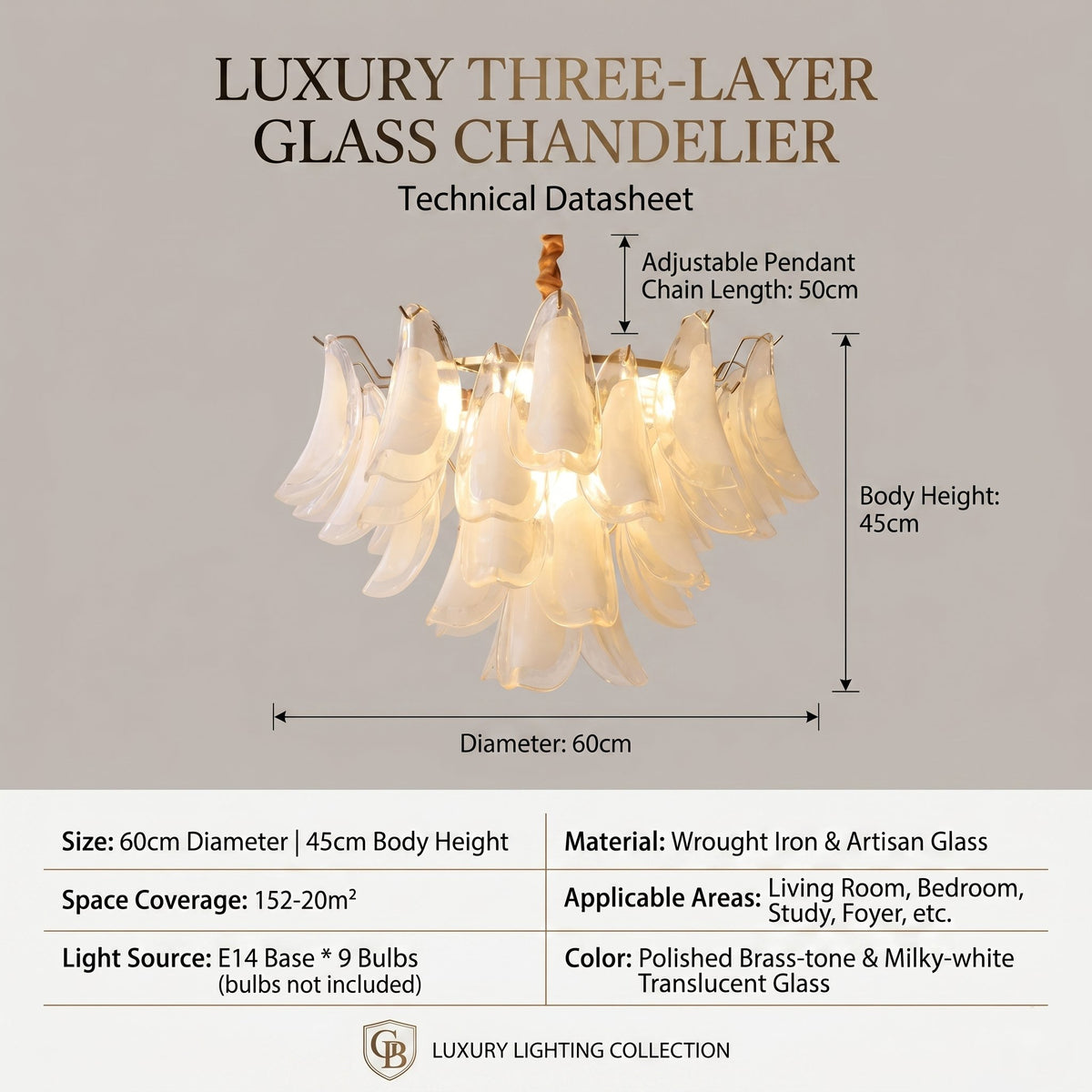 Perspective du lustre allumé, montrant la diffusion douce de la lumière à travers les couches de verre opalin, idéal pour un salon.
