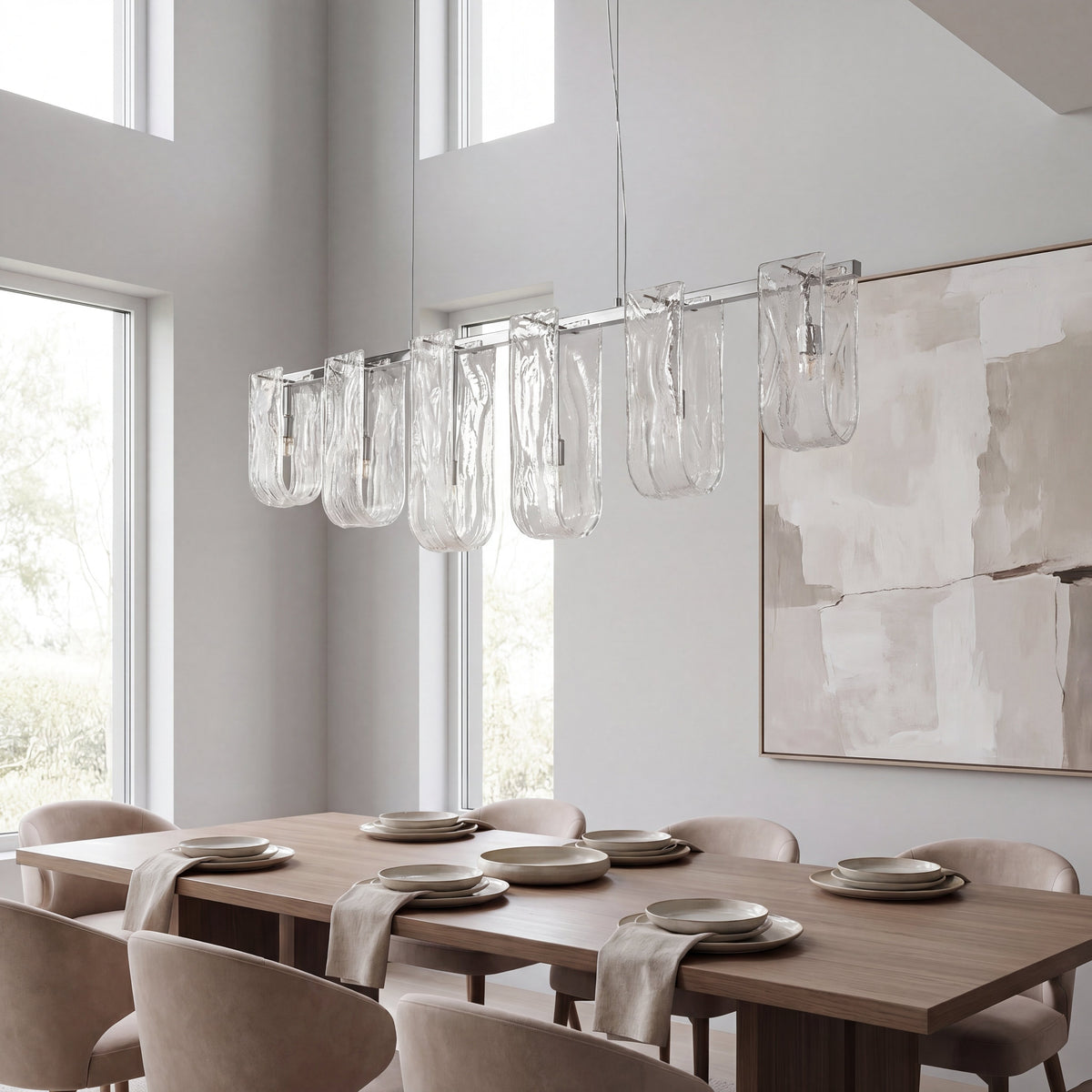 Photo d'ensemble de la suspension Murano en verre, soulignant ses dimensions généreuses de 120 cm de long pour un salon spacieux.