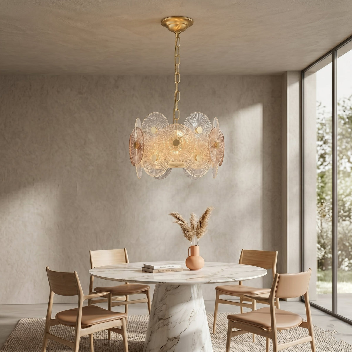 Lustre suspendu style Murano vue d'ensemble, avec disques de verre texturés et structure en acier finition laiton brossé.