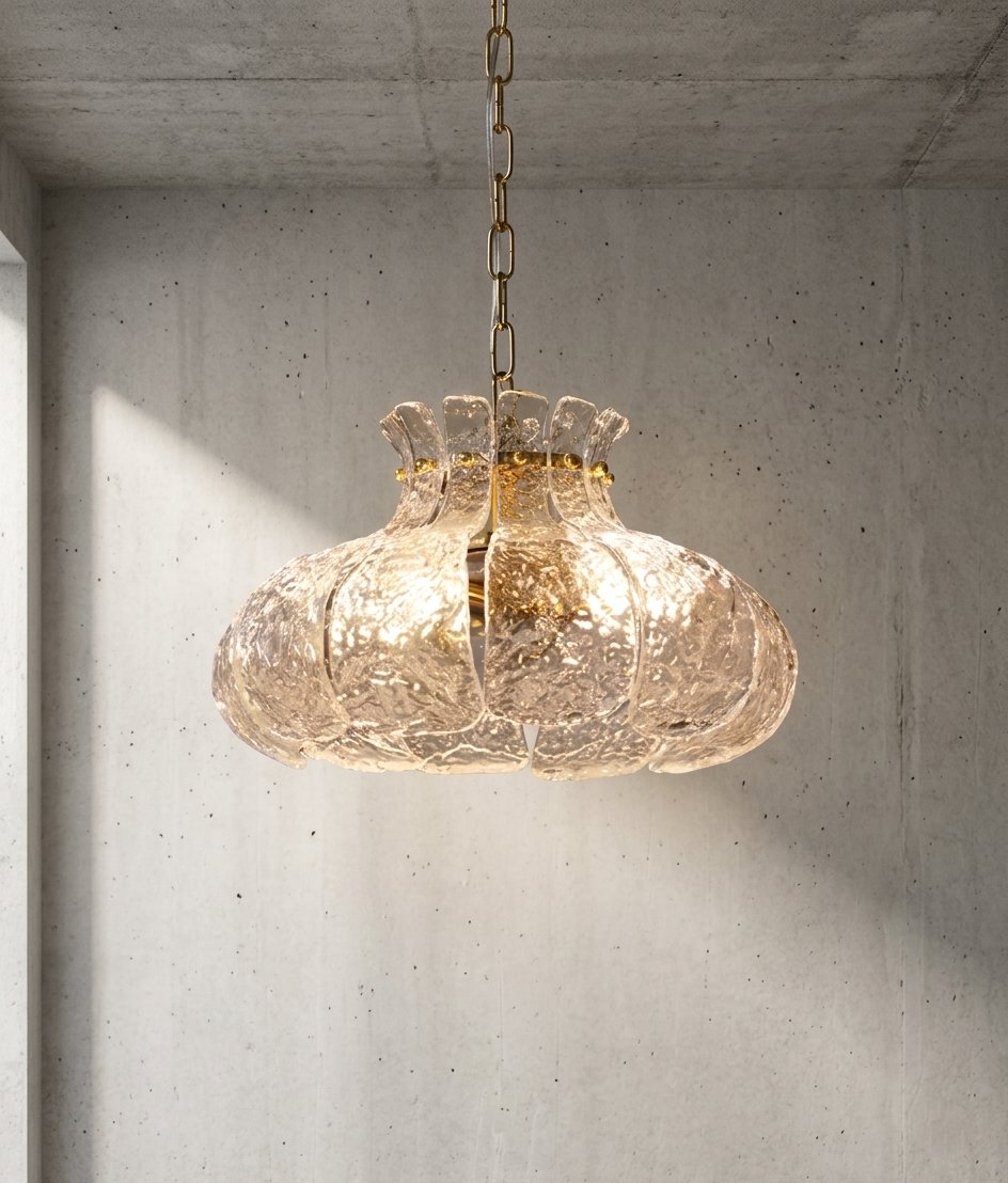 Lustre suspension floral style Murano, verre texturé clair et finition laiton poli, éclairant un salon moderne.