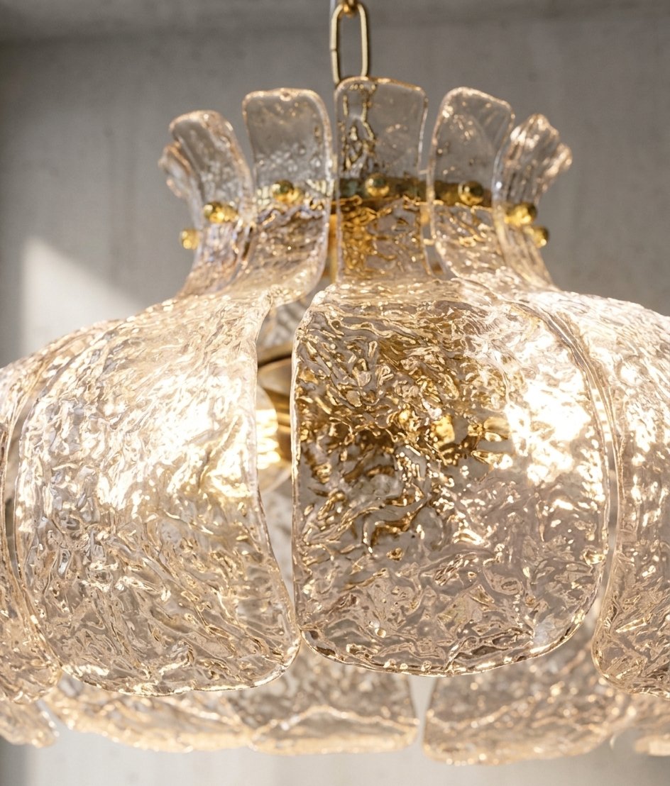 Le lustre suspension allumé, diffusant une lumière chaude et invitante, créant une ambiance cosy dans la pièce.
