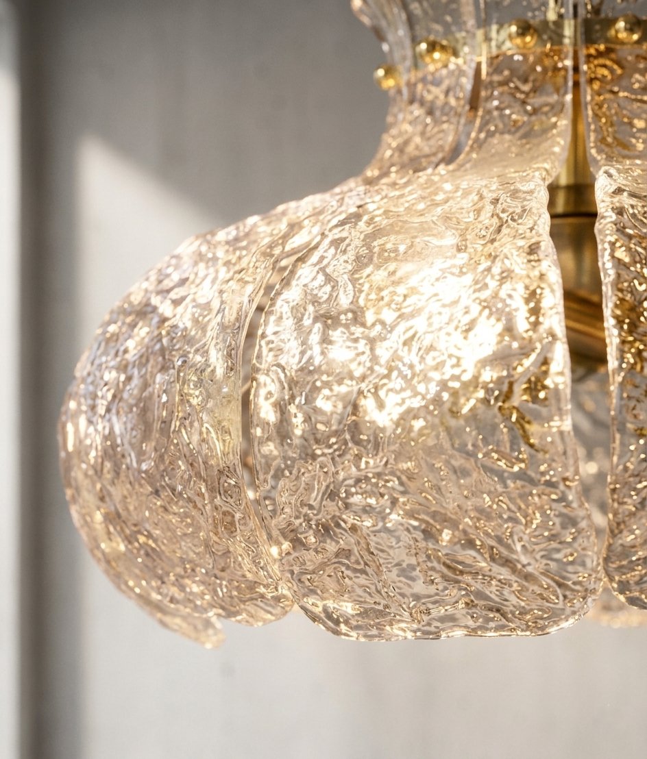 Vue rapprochée du verre sculpté du lustre, révélant la texture unique et l'éclat de la lumière ambiante.