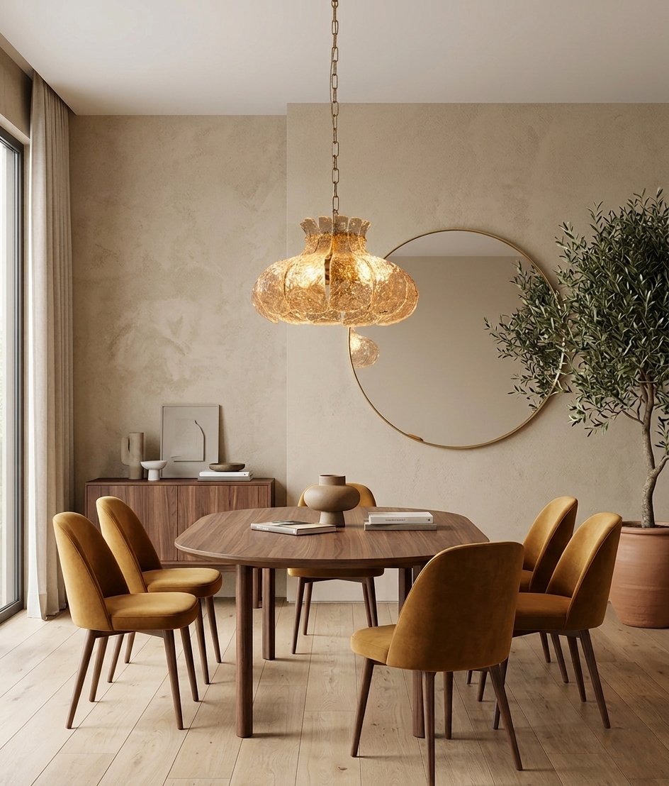 Lustre suspension vintage en forme de fleur, apportant une touche d'élégance médiévale à une salle à manger.