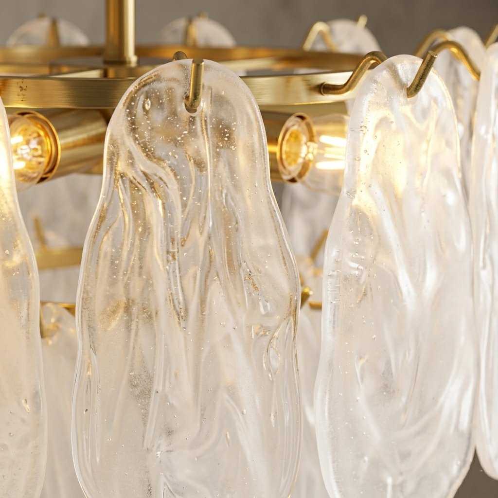 Texture raffinée des pièces de verre du lustre style Murano, évoquant un savoir-faire artisanal unique et précieux.
