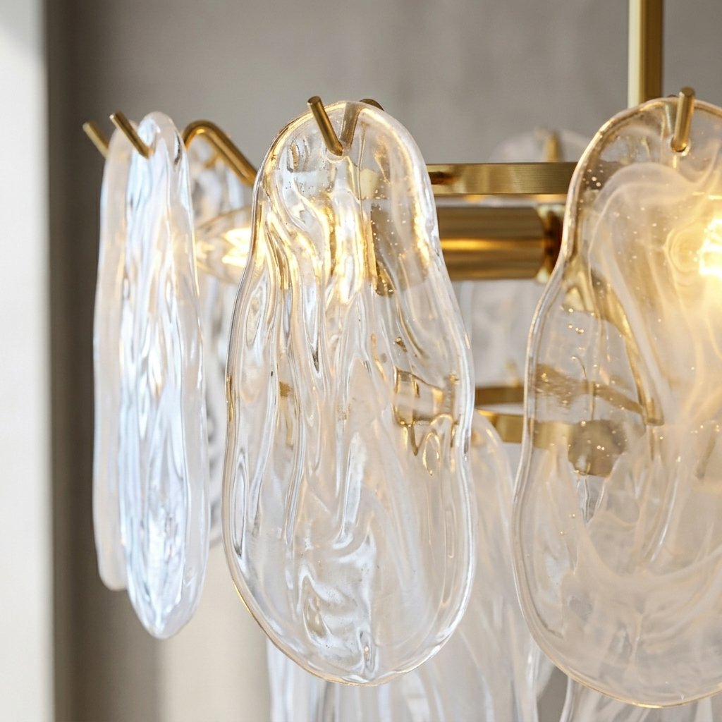 Installation du lustre suspension, montrant la base de fixation dorée au plafond et la tige de suspension réglable.