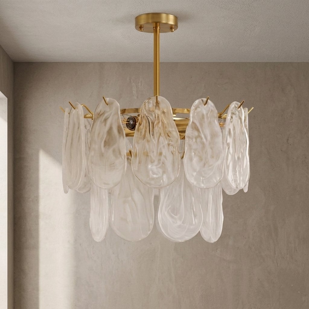Le lustre allumé, mettant en valeur le jeu de lumière et d'ombre créé par le verre texturé sur les murs environnants.