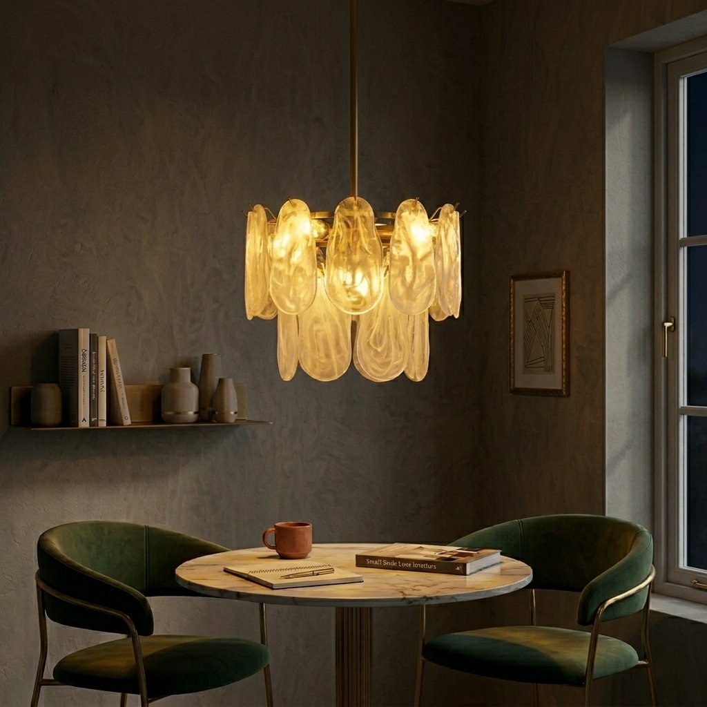 Vue d'ensemble du lustre Murano doré, ses multiples ampoules LED G9 diffusant une lumière douce et enveloppante.