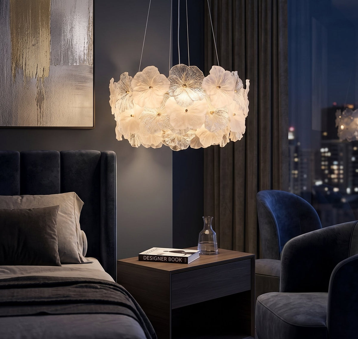 Lustre suspension floral de 50 cm de diamètre, avec des ampoules LED E14, idéal pour une salle à manger élégante et lumineuse.