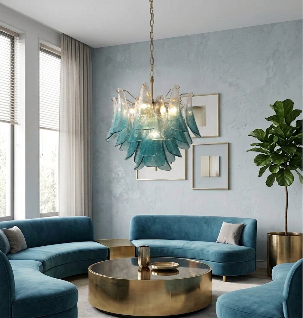 Détail rapproché des pétales de verre soufflé bleu lagon, révélant la texture unique et la finition artisanale du lustre.
