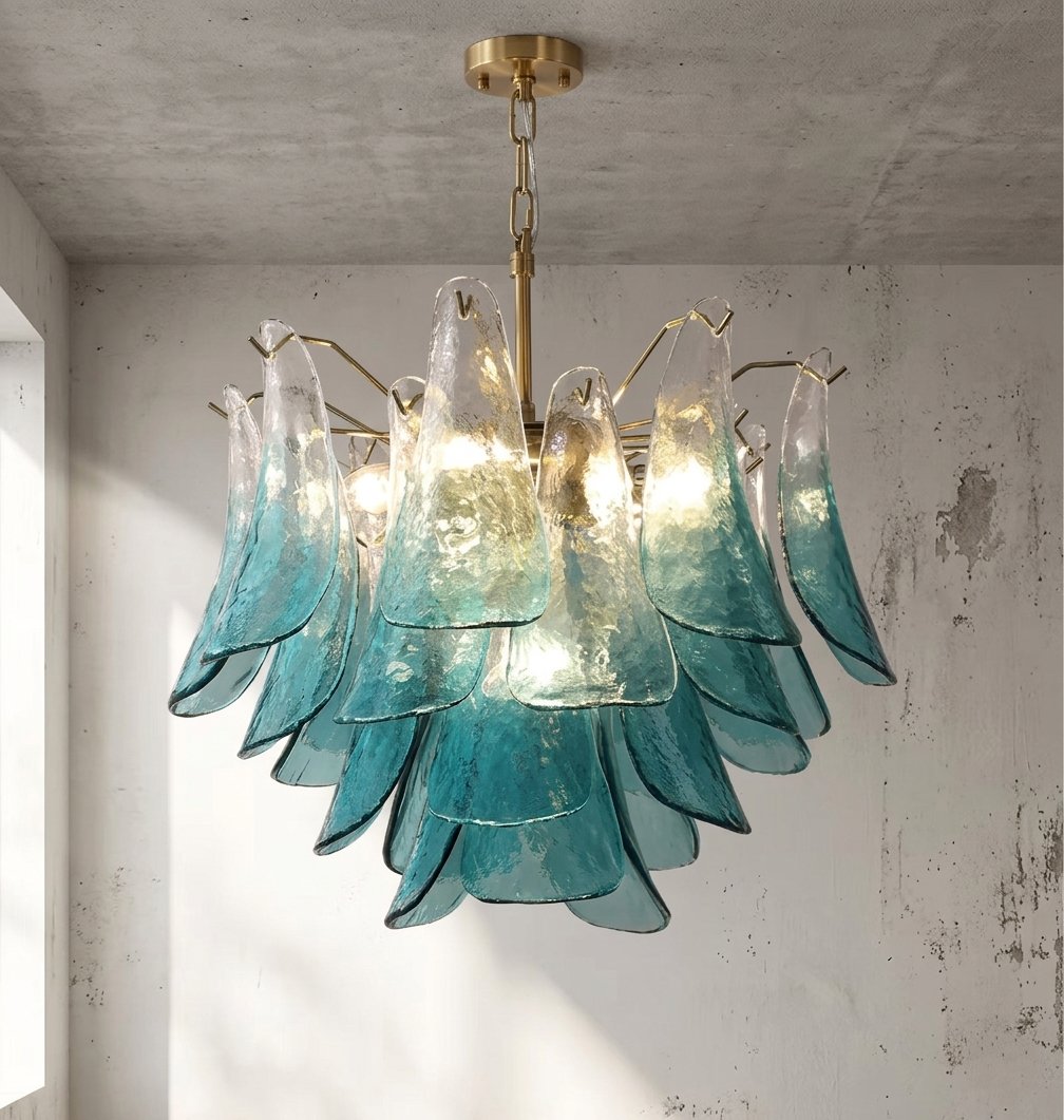 Lustre élégant style Murano, verre soufflé à la main aux nuances bleu lagon dégradé, parfait pour un salon spacieux.