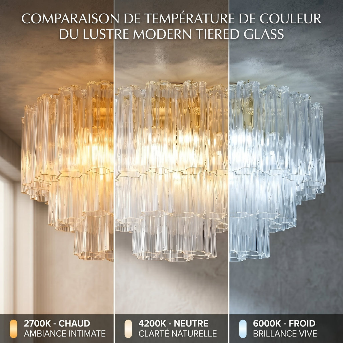 Gros plan sur les couches de verre transparent du luminaire, soulignant la qualité du matériau et la finition polie.