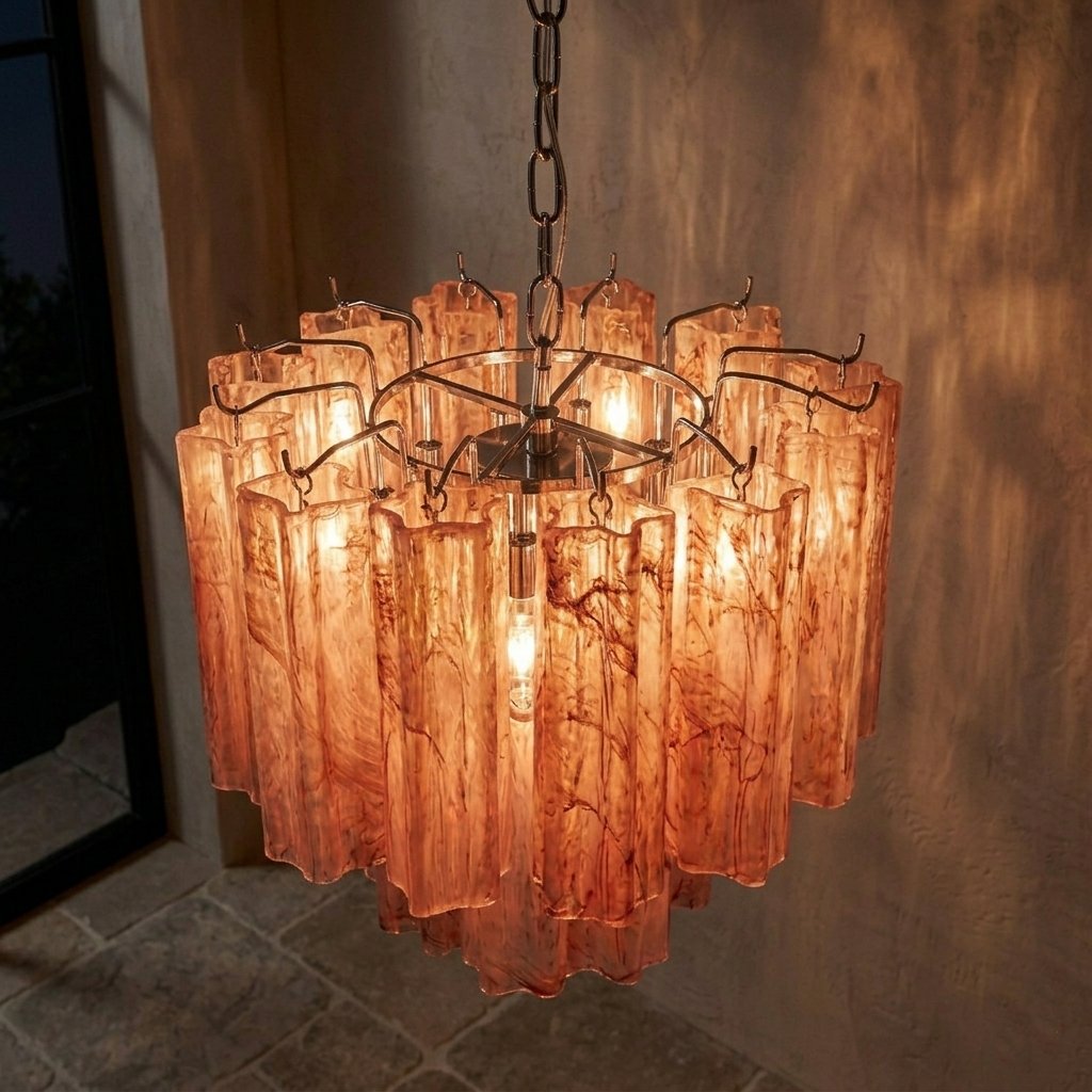 Lustre suspension moderne style Murano, en verre teinté rose, suspendu au plafond d'une salle à manger élégante.
